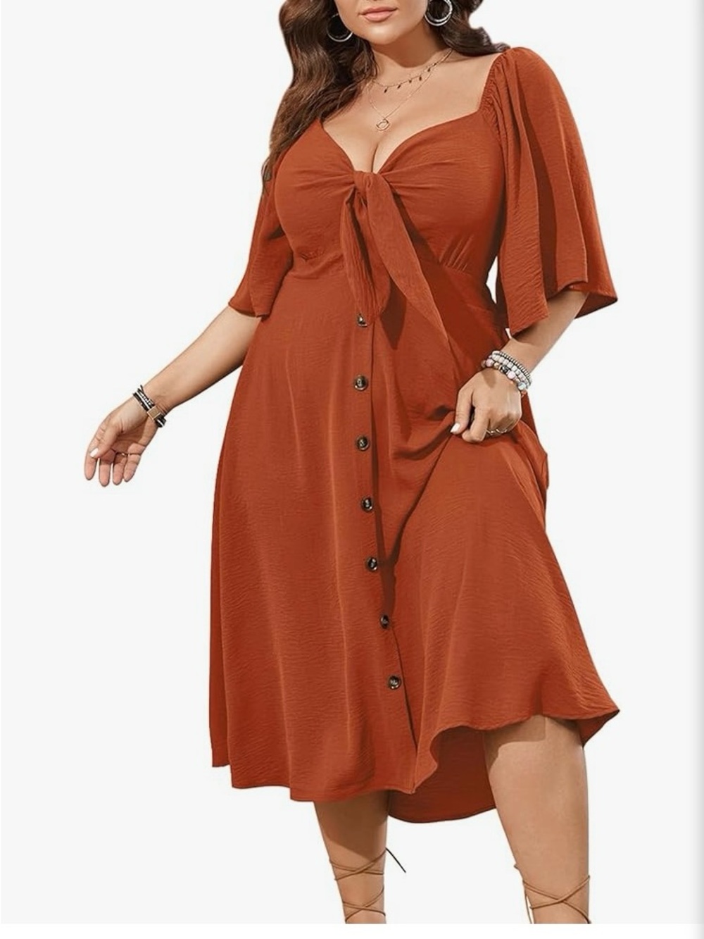 Plus Size 3XL Rust Tie-Front Midi Dress with Smocked & Button Detail